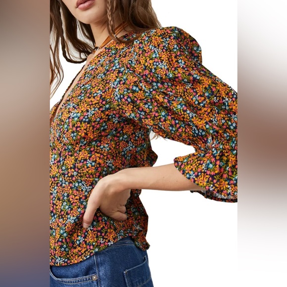 Free People I Found You Navy Combo Floral Print Blouse Button Down Top Small - Picture 2 of 7
